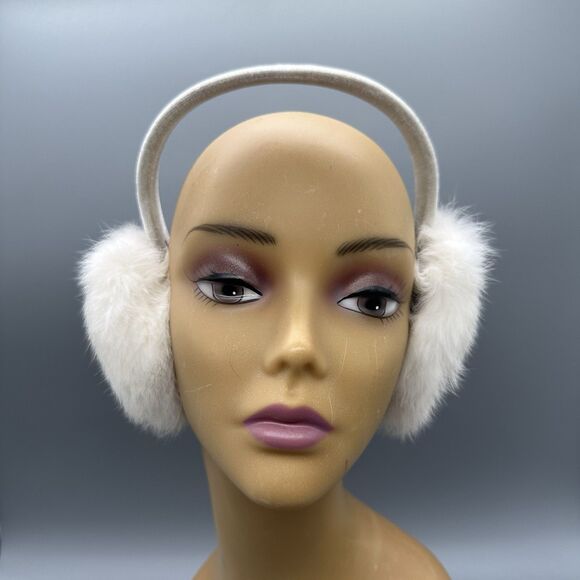 Rabbit Fur Earmuffs White Velvet Band - Picture 1 of 6
